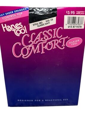 Vintage Hanes Too Control Top Sandalfoot Pantyhose Classic Navy Sz CD Style 083